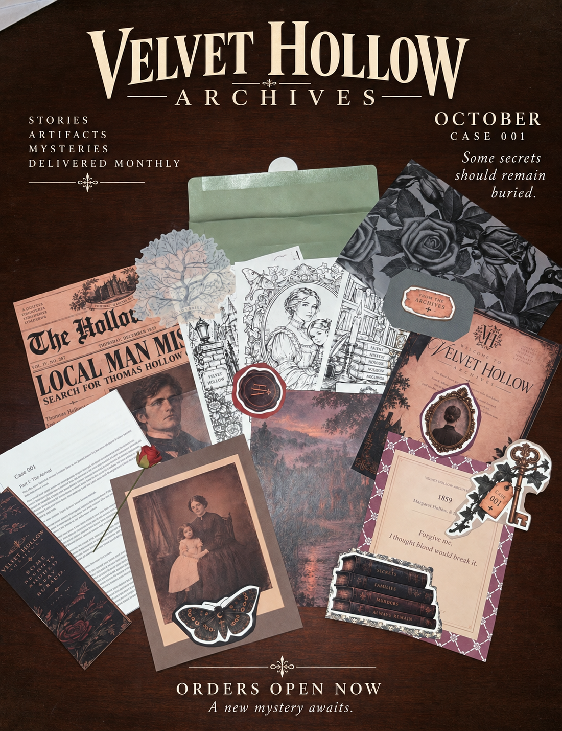 A styled preview of the October Velvet Hollow Archive with the Case 001 story, paper artifacts, coloring sheets, artwork, bookmark, and themed keepsakes