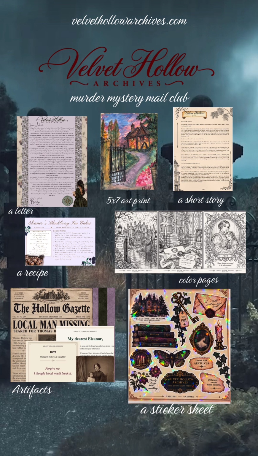 October Case 001 collection: story, Keeper letter, art print, recipe, coloring pages, artifacts and sticker sheet