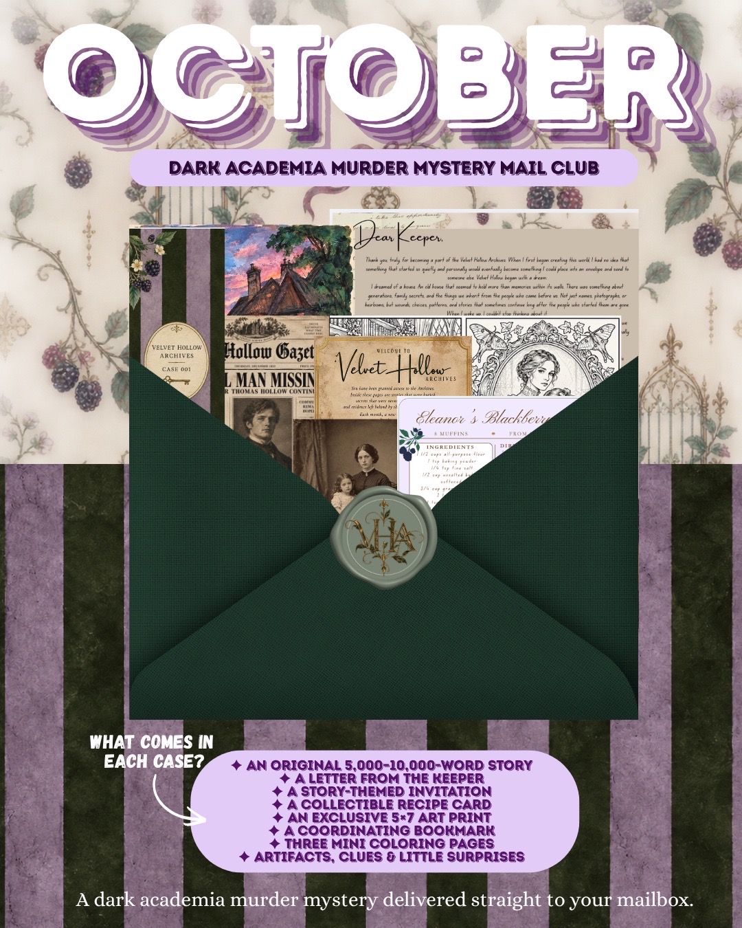 October Case 001 paper keepsakes arranged in an emerald envelope